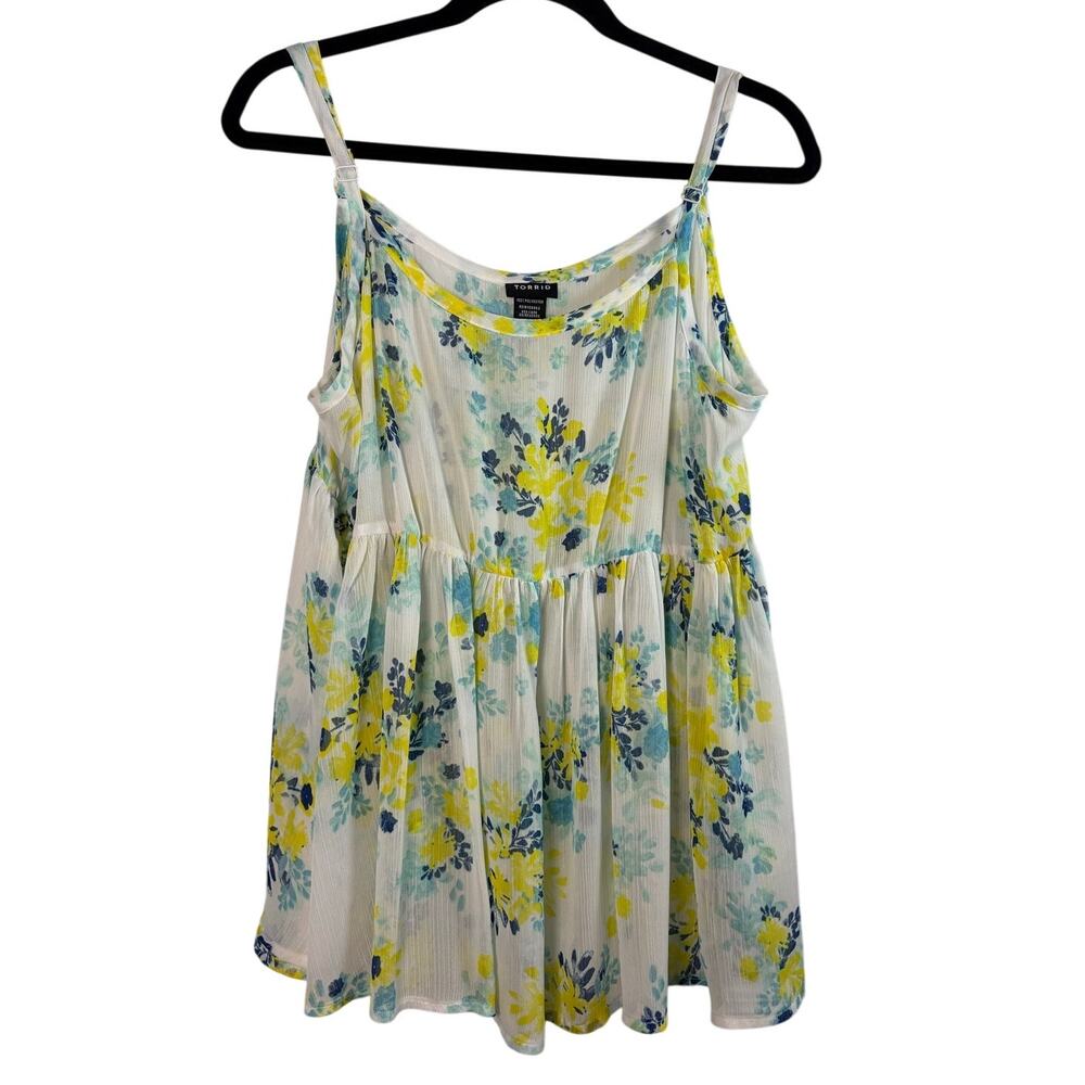 Torrid Floral Babydoll Cami Tank Top Yellow Blue Sheer Chiffon Tiered Size 1X
